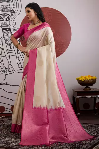 pink & off-white paper silk saree