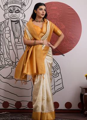 mustard & off-white paper silk saree 2