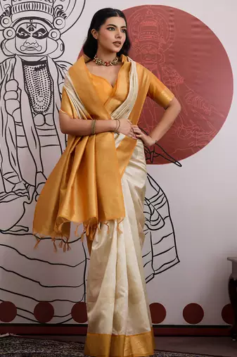 mustard & off-white paper silk saree
