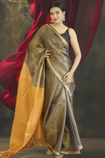 grey tissue linen saree with golden zari pallu