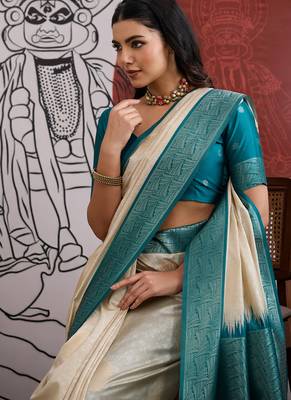 teal & off-white paper silk blend saree 4