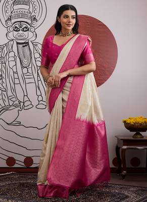 pink & off-white paper silk saree 4