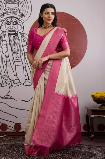 pink & off-white paper silk saree