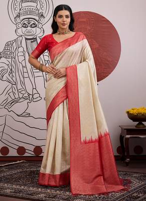 red & off-white paper silk blend saree 1