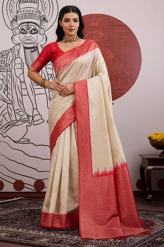 mustard & off-white handloom weaving paper silk blend saree