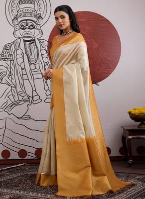 mustard & off-white paper silk saree 3