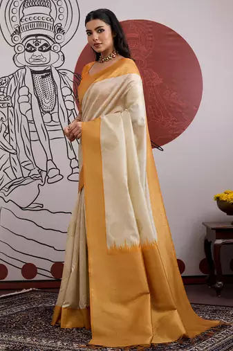 mustard & off-white paper silk saree