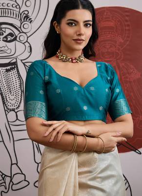 teal & off-white paper silk blend saree 5