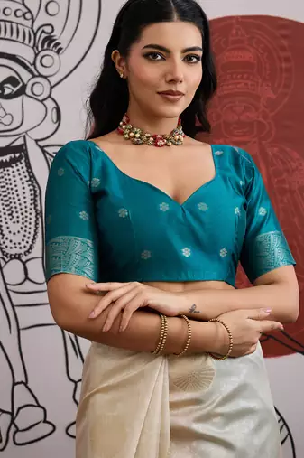 teal & off-white paper silk blend saree