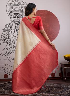 red & off-white paper silk blend saree 2
