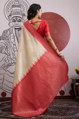 red & off-white paper silk blend saree