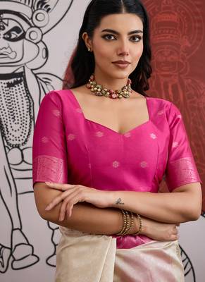 pink & off-white paper silk saree 5