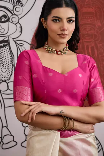 pink & off-white paper silk saree