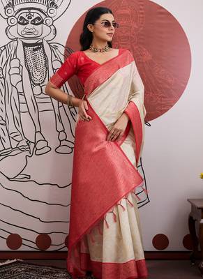 red & off-white paper silk blend saree 3
