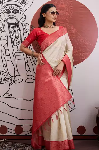red & off-white paper silk blend saree