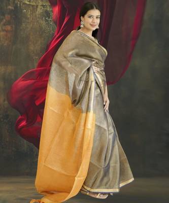 grey tissue linen saree with golden zari pallu 3