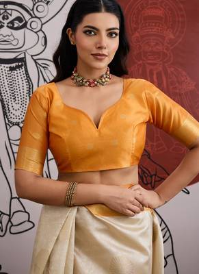 mustard & off-white paper silk saree 5