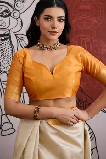 mustard & off-white paper silk saree
