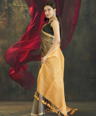 grey tissue linen saree with golden zari pallu 4