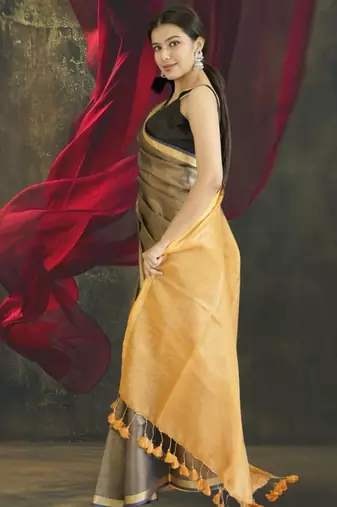 grey tissue linen saree with golden zari pallu