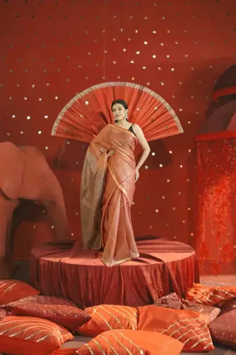 orange & brown dual tone tissue linen saree