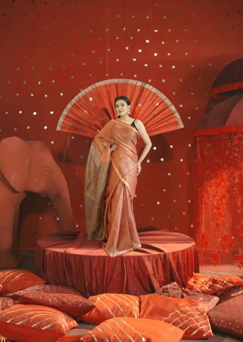 orange & brown dual tone tissue linen saree