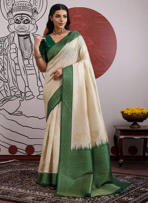 green & off-white paper silk saree 1