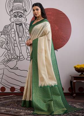green & off-white paper silk saree 2
