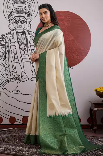 green & off-white paper silk saree