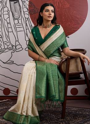 green & off-white paper silk saree 3