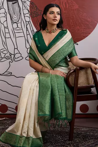 green & off-white paper silk saree