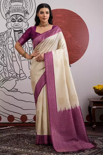 red & off-white handloom weaving paper silk blend saree