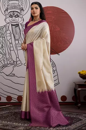 wine & off-white paper silk blend saree