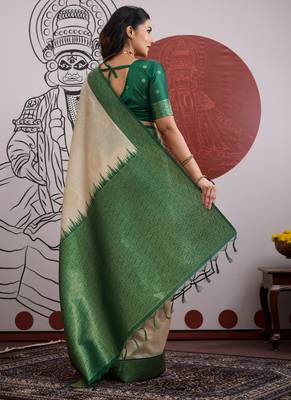 green & off-white paper silk saree 4