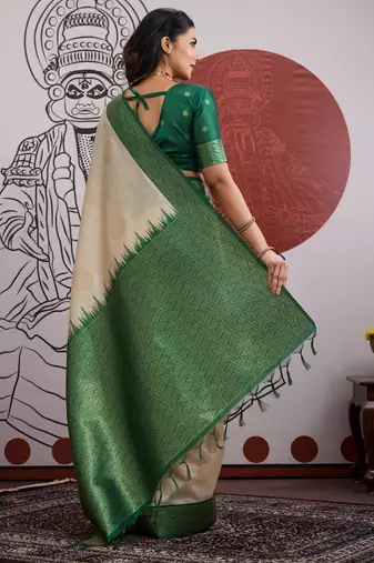 green & off-white paper silk saree