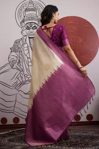 wine & off-white paper silk blend saree