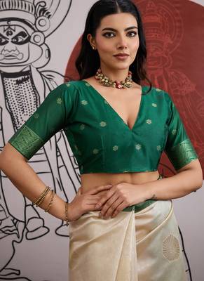 green & off-white paper silk saree 5