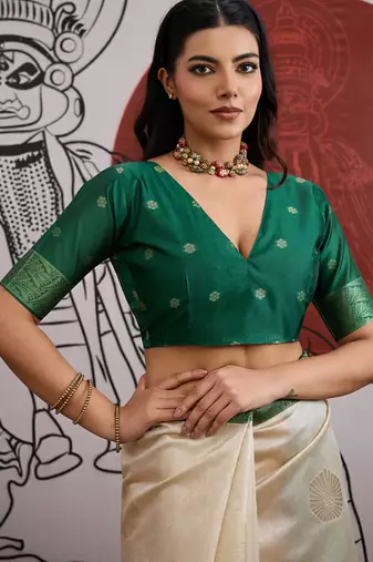 green & off-white paper silk saree