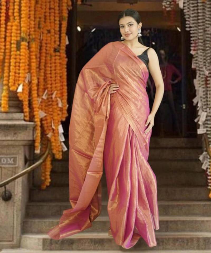 orange glass tissue saree