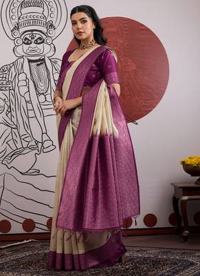 wine & off-white paper silk blend saree 4