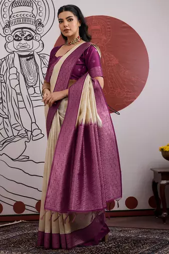 wine & off-white paper silk blend saree