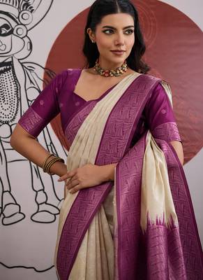 wine & off-white paper silk blend saree 5