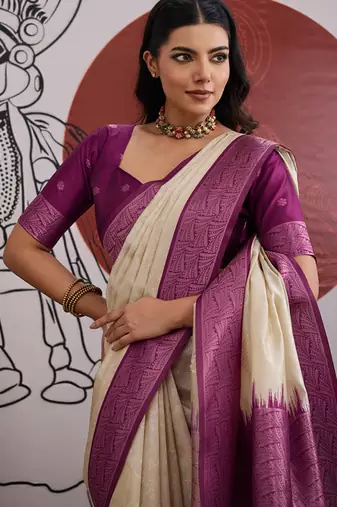 wine & off-white paper silk blend saree