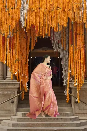 orange glass tissue saree