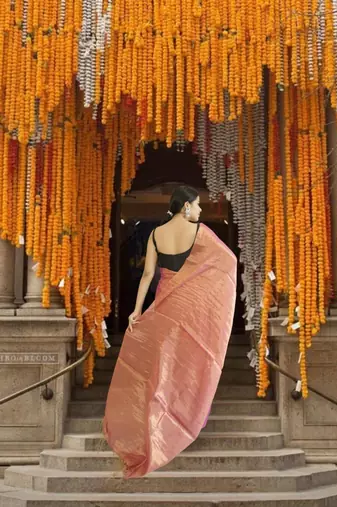 orange glass tissue saree