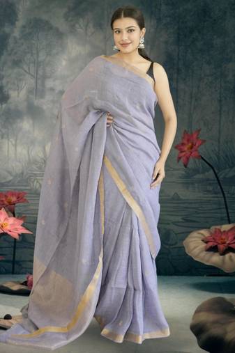 lavender linen silk blend saree with zari border