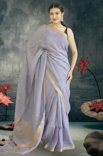 lavender linen silk blend saree with zari border