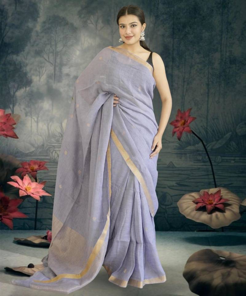lavender linen silk blend saree with zari border
