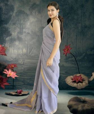 lavender linen silk blend saree with zari border 2