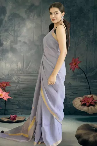 lavender linen silk blend saree with zari border
